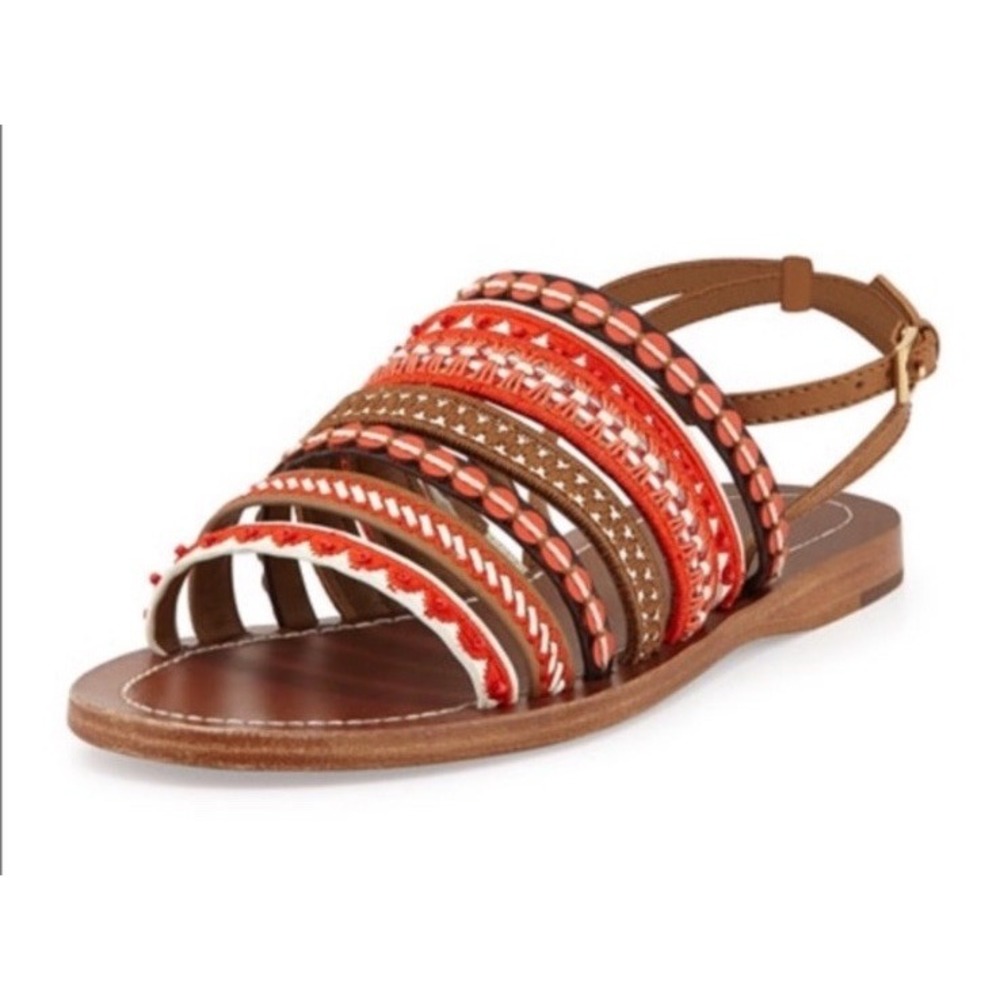 NEW TORY BURCH POPPY RED MULTI SANDAL MIXED TRIMS Boho Resort SIZE 8.5 $295
